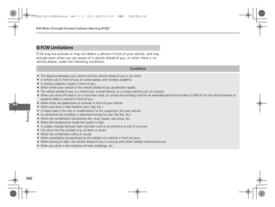 Fcw limitations | Acura 2015 RLX - Owner's Manual User Manual | Page 367 / 521