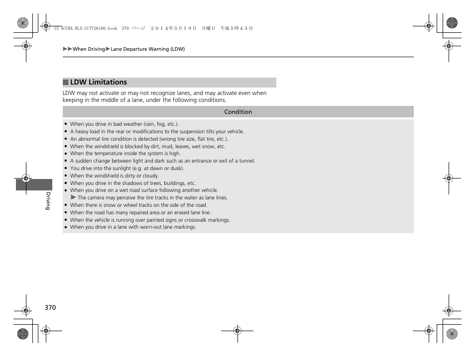 Ldw limitations | Acura 2015 RLX - Owner's Manual User Manual | Page 371 / 521