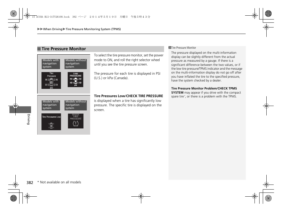 Tire pressure monitor | Acura 2015 RLX - Owner's Manual User Manual | Page 383 / 521