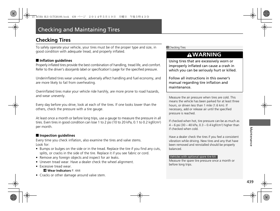 Checking and maintaining tires p. 439, P 439), Checking and maintaining tires | Checking tires, Warning | Acura 2015 RLX - Owner's Manual User Manual | Page 440 / 521