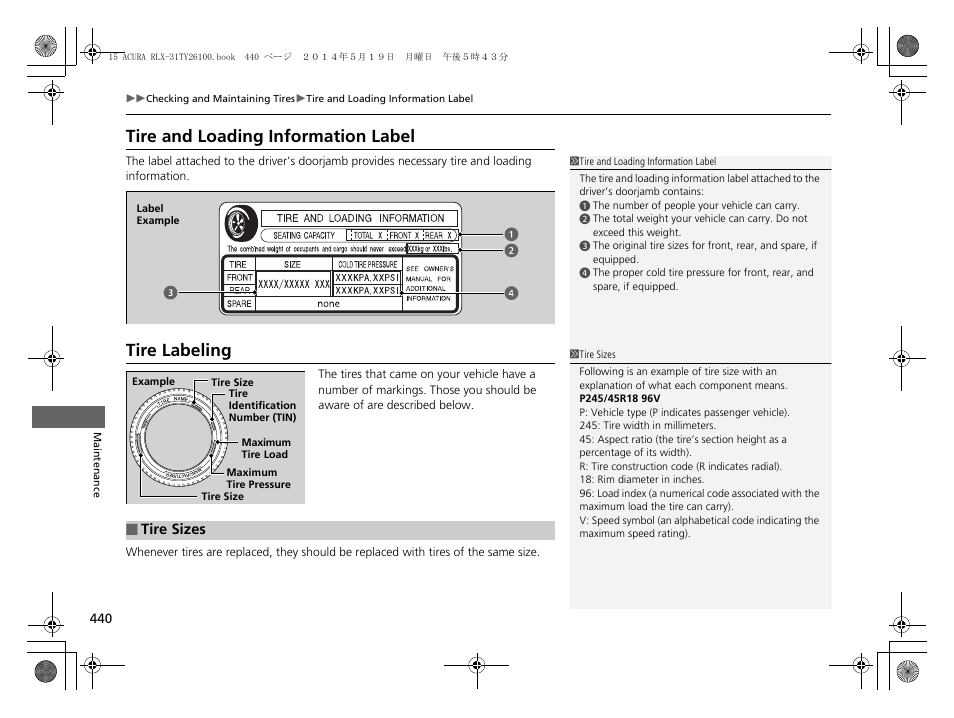 Tire and loading information label tire labeling, Tire and loading information label, Tire labeling | Acura 2015 RLX - Owner's Manual User Manual | Page 441 / 521