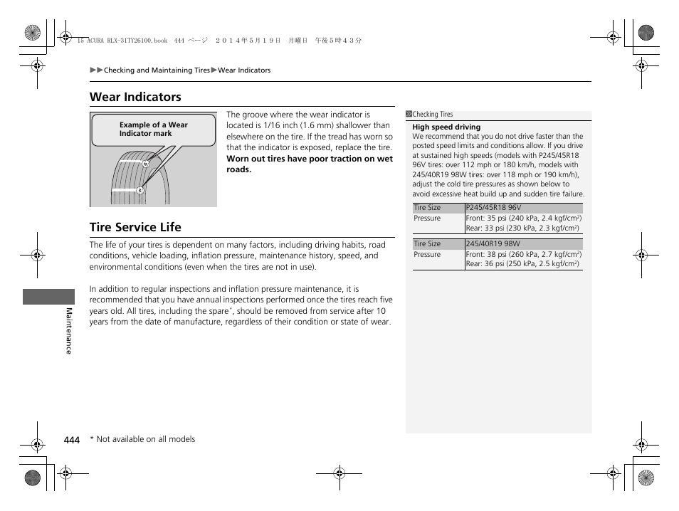 Wear indicators tire service life, Wear indicators, Tire service life | Acura 2015 RLX - Owner's Manual User Manual | Page 445 / 521