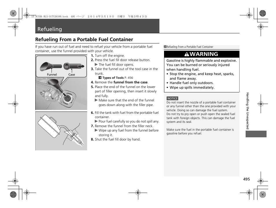 Refueling p. 495, Refueling, Refueling from a portable fuel container | Warning | Acura 2015 RLX - Owner's Manual User Manual | Page 496 / 521