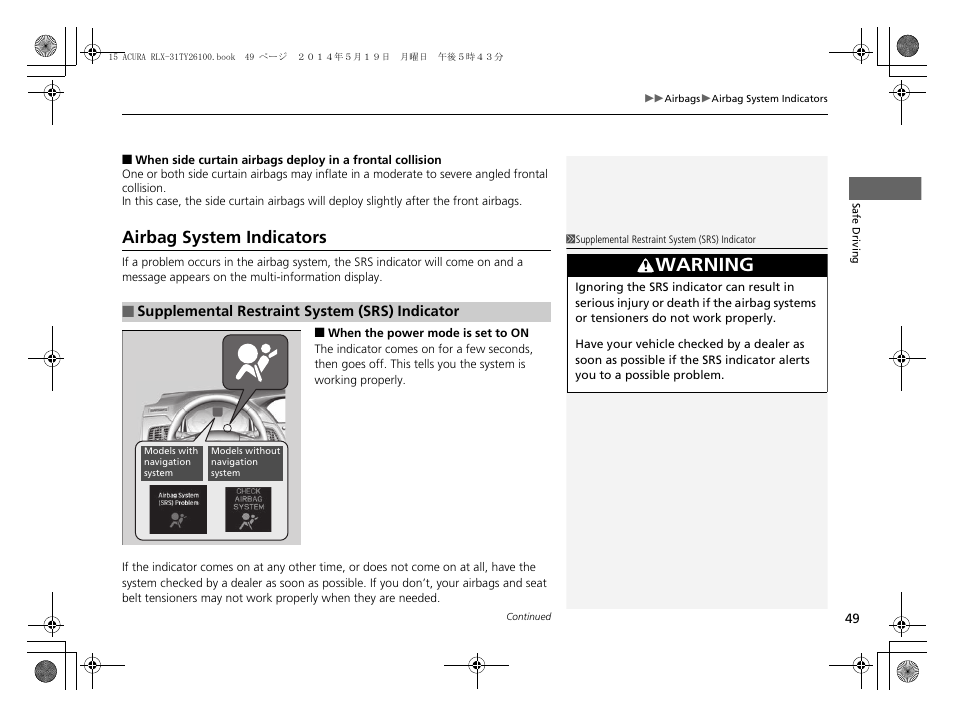 Airbag system indicators, Warning | Acura 2015 RLX - Owner's Manual User Manual | Page 50 / 521