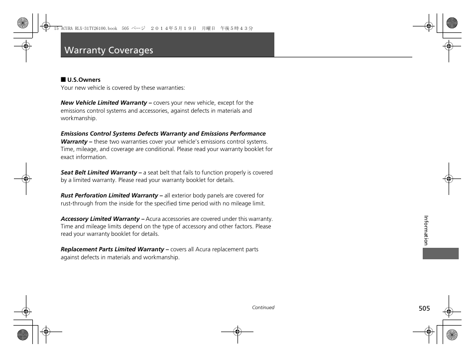Warranty coverages | Acura 2015 RLX - Owner's Manual User Manual | Page 506 / 521