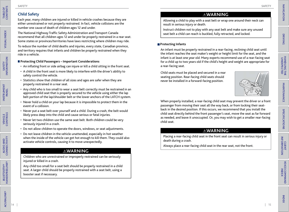 Child safety, Warning | Acura 2015 TLX - Owner's Guide (Without Software Update) Ver. ST02 User Manual | Page 11 / 75