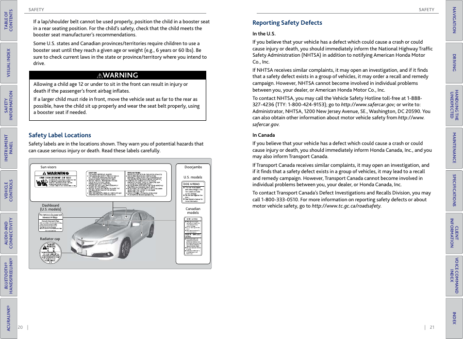 Safety label locations, Reporting safety defects, Safety label locations reporting safety defects | Warning | Acura 2015 TLX - Owner's Guide (Without Software Update) Ver. ST02 User Manual | Page 14 / 75