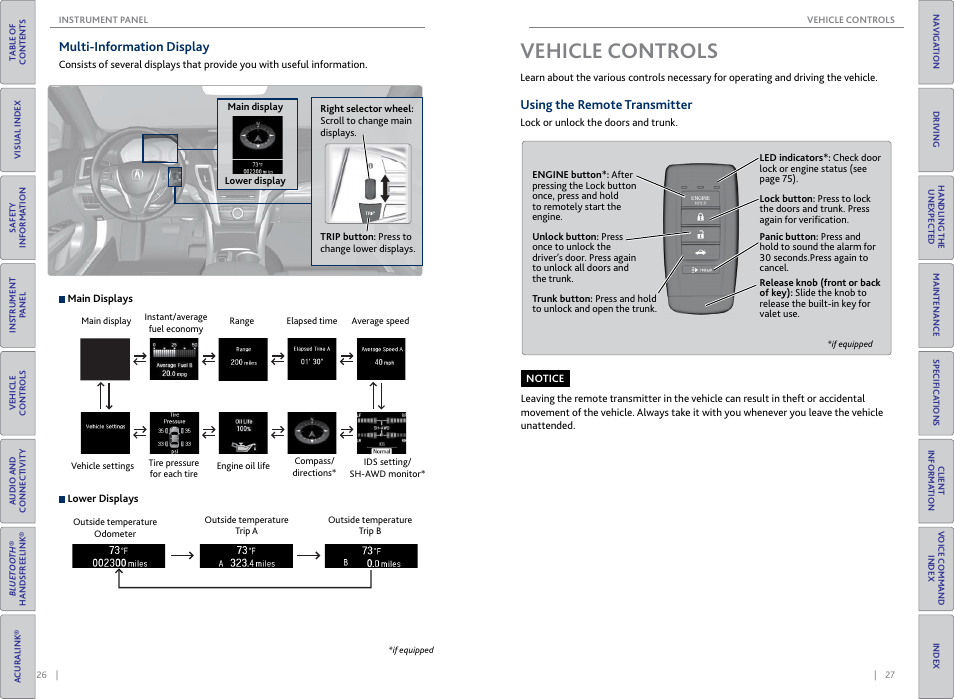 Multi-information display, Vehicle controls, Using the remote transmitter | Vehicle, Contr, P. 26, Trip button | Acura 2015 TLX - Owner's Guide (Without Software Update) Ver. ST02 User Manual | Page 17 / 75