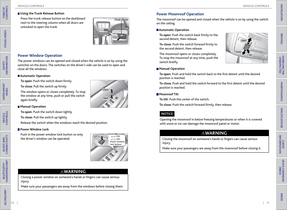Power window operation, Power moonroof operation, Power window operation power moonroof operation | Oof switch, P. 31, P. 30, Warning | Acura 2015 TLX - Owner's Guide (Without Software Update) Ver. ST02 User Manual | Page 19 / 75