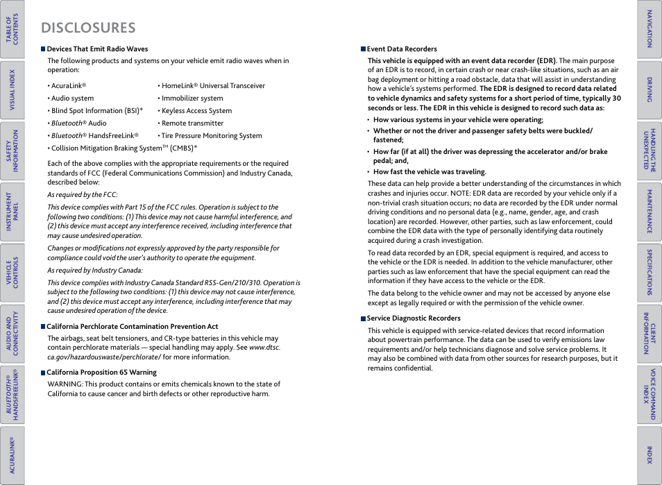 Disclosures | Acura 2015 TLX - Owner's Guide (Without Software Update) Ver. ST02 User Manual | Page 2 / 75