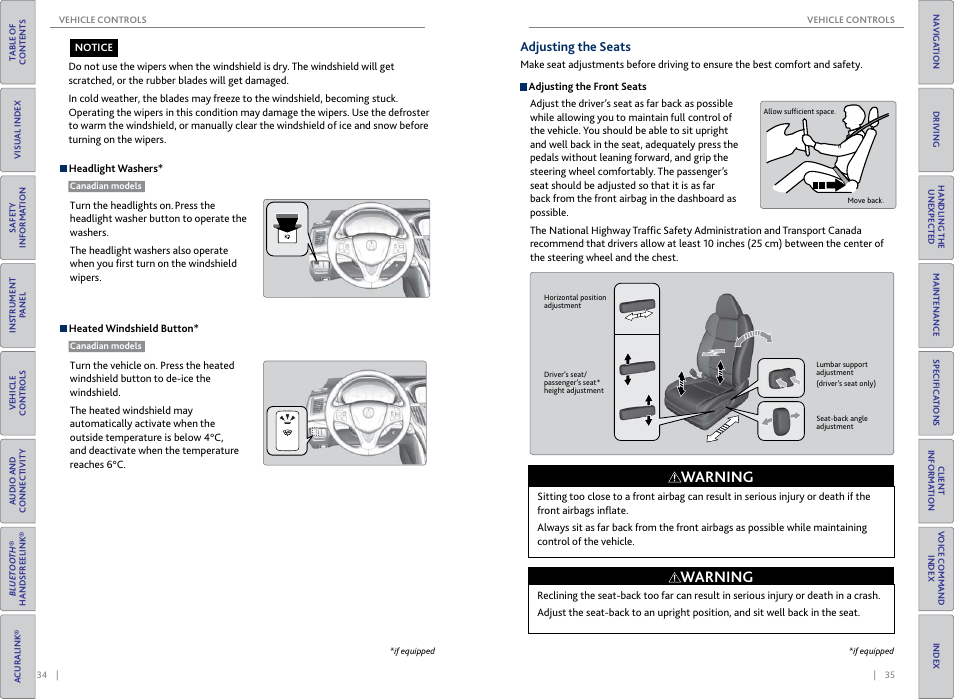 Adjusting the seats, Washer button, P. 34 | Windshield button, Warning | Acura 2015 TLX - Owner's Guide (Without Software Update) Ver. ST02 User Manual | Page 21 / 75