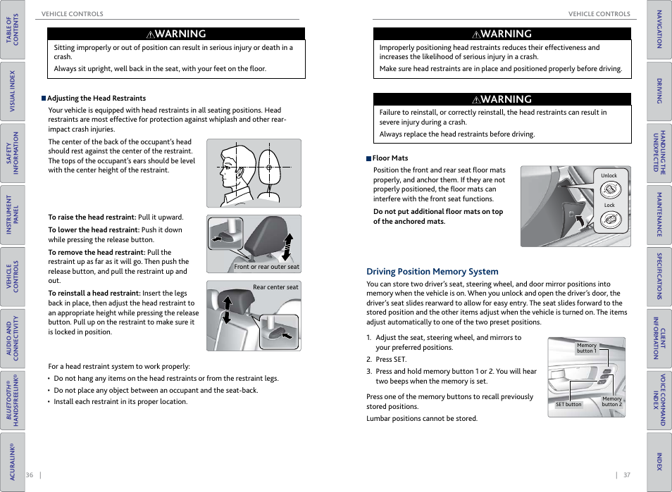 Driving position memory system, Dpms) buttons, P. 37 | Warning | Acura 2015 TLX - Owner's Guide (Without Software Update) Ver. ST02 User Manual | Page 22 / 75