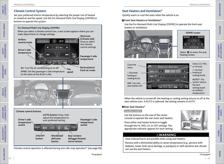 Climate control system, Seat heaters and ventilation, P. 42 | Warning | Acura 2015 TLX - Owner's Guide (Without Software Update) Ver. ST02 User Manual | Page 25 / 75
