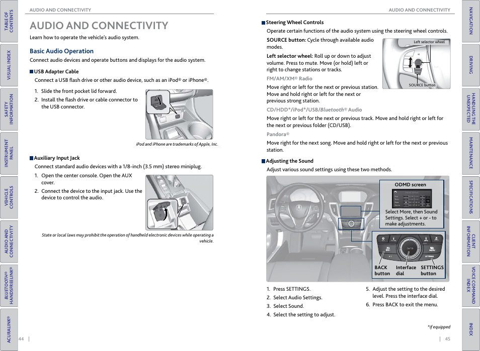 Audio and connectivity, Basic audio operation, Audio and | Connectivity, P. 45, P. 44 | Acura 2015 TLX - Owner's Guide (Without Software Update) Ver. ST02 User Manual | Page 26 / 75