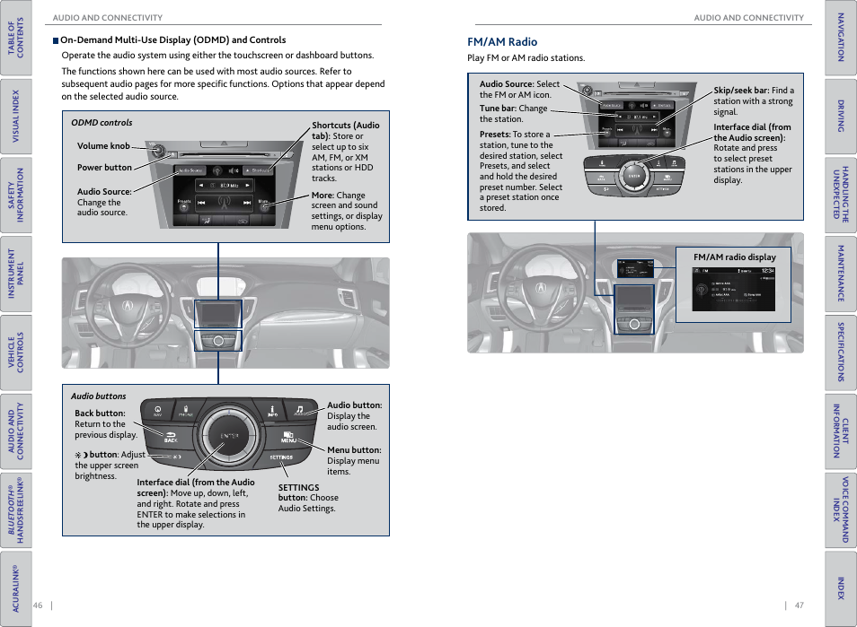Fm/am radio, On-demand multi-use display, P. 46 | Buttons, P. 46, p. 55, p. 65 | Acura 2015 TLX - Owner's Guide (Without Software Update) Ver. ST02 User Manual | Page 27 / 75