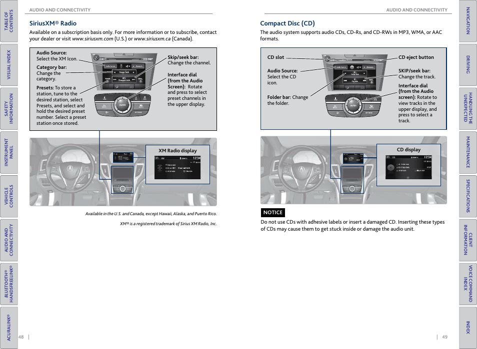 Xm® radio, Compact disc (cd), Siriusxm® radio compact disc (cd) | Acura 2015 TLX - Owner's Guide (Without Software Update) Ver. ST02 User Manual | Page 28 / 75