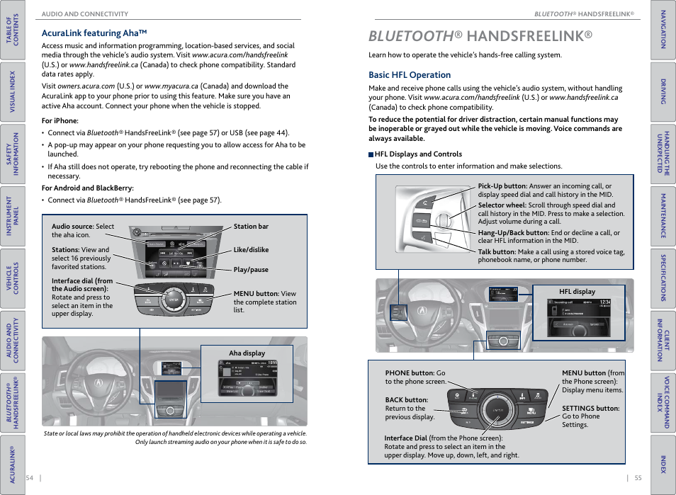 Acuralink featuring aha, Bluetooth® handsfreelink, Basic hfl operation | Handsfreelink, Bluetooth ® handsfreelink, Eelink® buttons, P. 55 | Acura 2015 TLX - Owner's Guide (Without Software Update) Ver. ST02 User Manual | Page 31 / 75