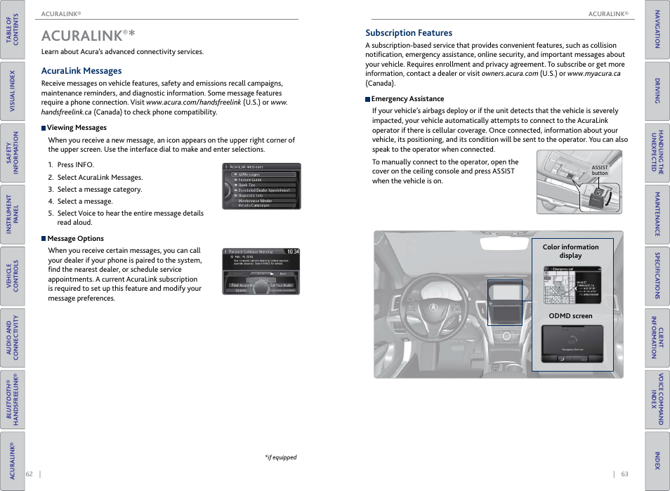Acuralink, Acuralink messages, Subscription features | Curalink, Acuralink messages subscription features, Curalink®* buttons, P. 63, p. 64 | Acura 2015 TLX - Owner's Guide (Without Software Update) Ver. ST02 User Manual | Page 35 / 75