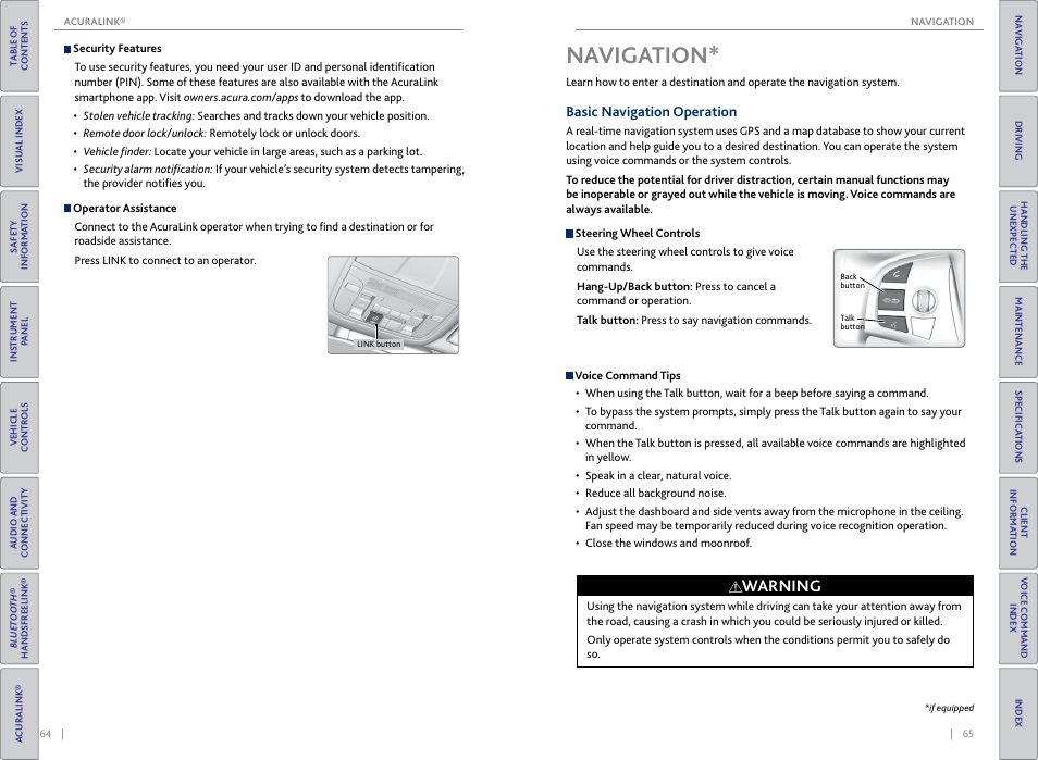 Navigation, Basic navigation operation, Na viga | Tion, Warning | Acura 2015 TLX - Owner's Guide (Without Software Update) Ver. ST02 User Manual | Page 36 / 75