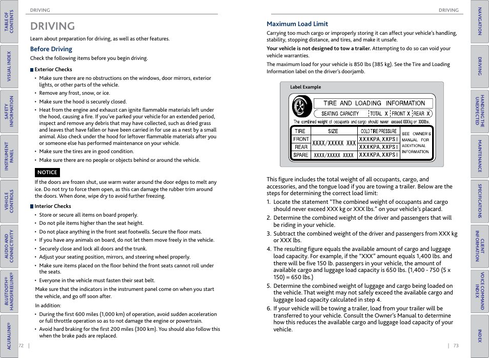 Driving, Before driving, Maximum load limit | Before driving maximum load limit | Acura 2015 TLX - Owner's Guide (Without Software Update) Ver. ST02 User Manual | Page 40 / 75