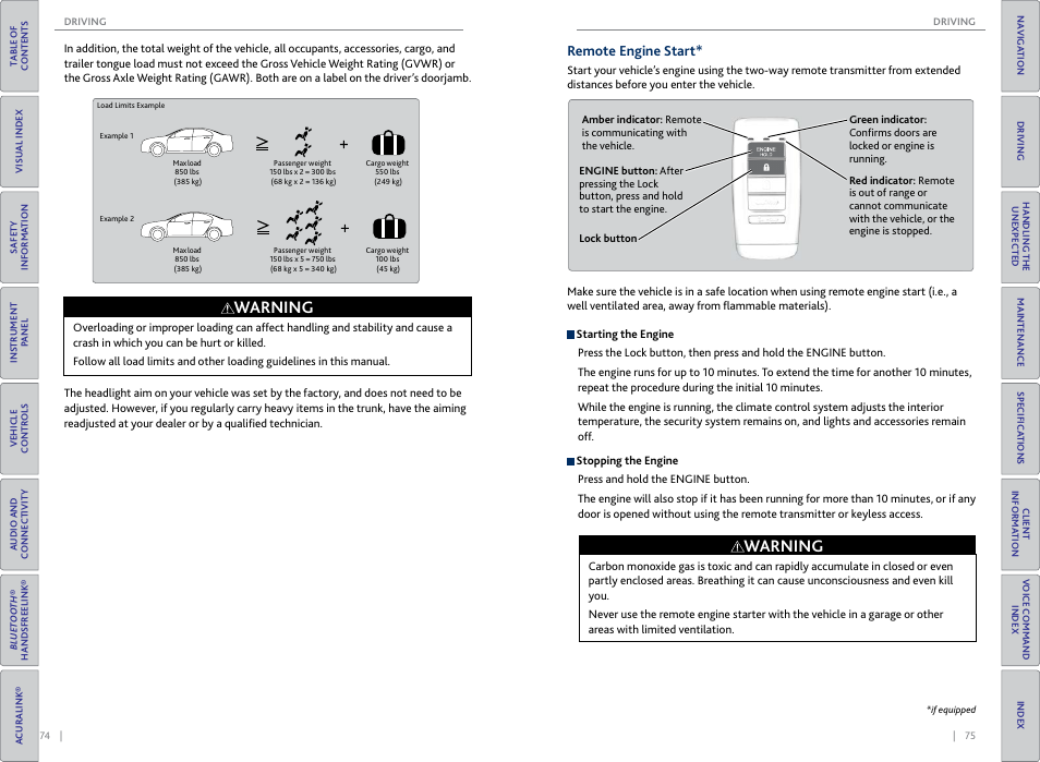 Remote engine start, Warning | Acura 2015 TLX - Owner's Guide (Without Software Update) Ver. ST02 User Manual | Page 41 / 75