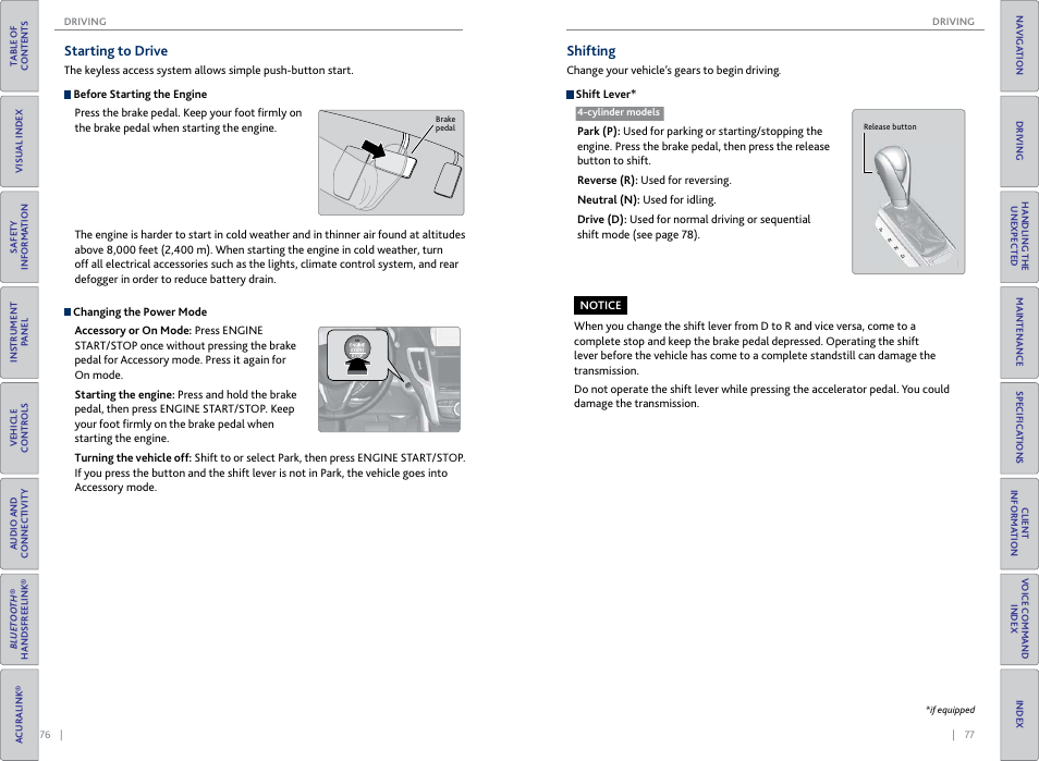 Starting to drive, Shifting, Starting to drive shifting | P. 76, P. 77 | Acura 2015 TLX - Owner's Guide (Without Software Update) Ver. ST02 User Manual | Page 42 / 75