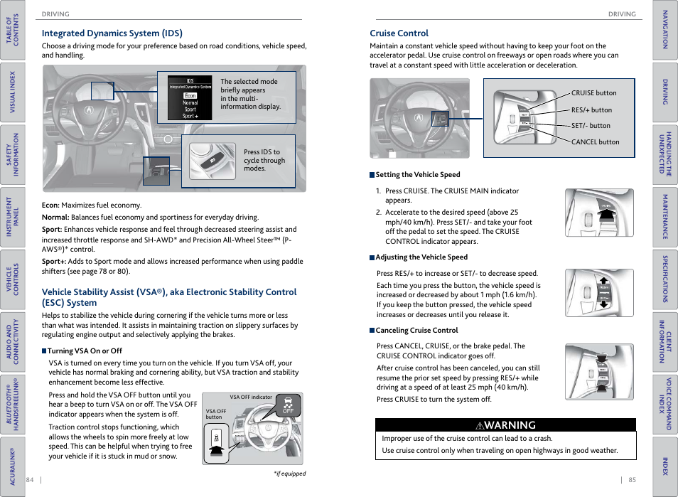 Integrated dynamics system, Integrated dynamics system (ids), Cruise control | Buttons, P. 85, p. 86, P. 84, Ids) button, Warning | Acura 2015 TLX - Owner's Guide (Without Software Update) Ver. ST02 User Manual | Page 46 / 75