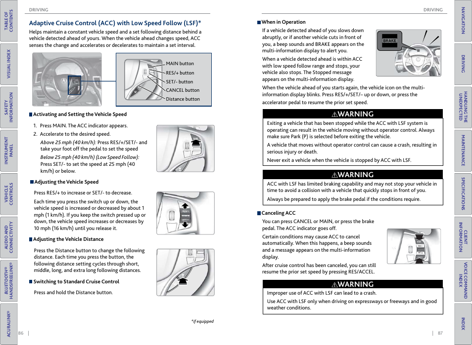 Distance button, P. 86, Warning | Acura 2015 TLX - Owner's Guide (Without Software Update) Ver. ST02 User Manual | Page 47 / 75