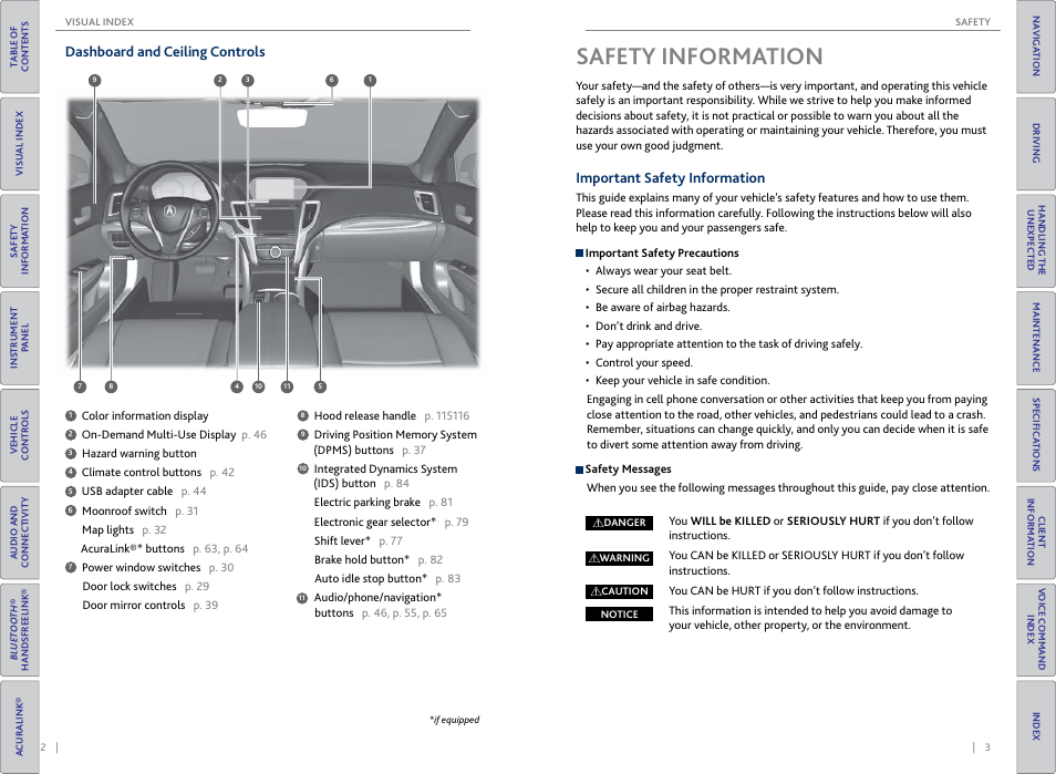 Dashboard and ceiling controls, Safety information, Important safety information | Safety, Informa, Tion | Acura 2015 TLX - Owner's Guide (Without Software Update) Ver. ST02 User Manual | Page 5 / 75