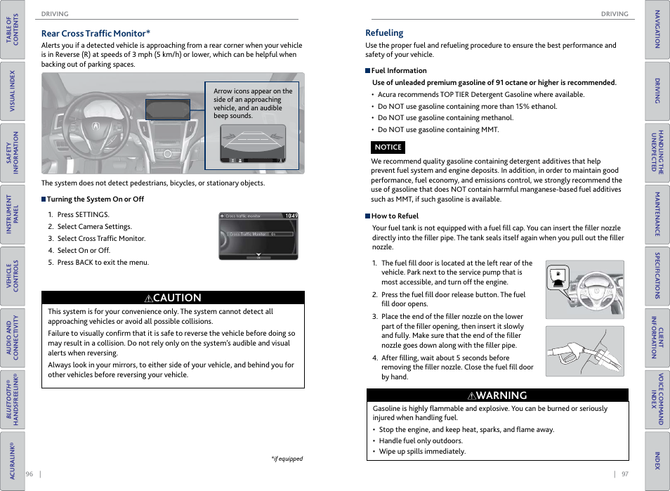 Rear cross traffic monitor, Refueling, Door button | P. 97, Caution, Warning | Acura 2015 TLX - Owner's Guide (Without Software Update) Ver. ST02 User Manual | Page 52 / 75