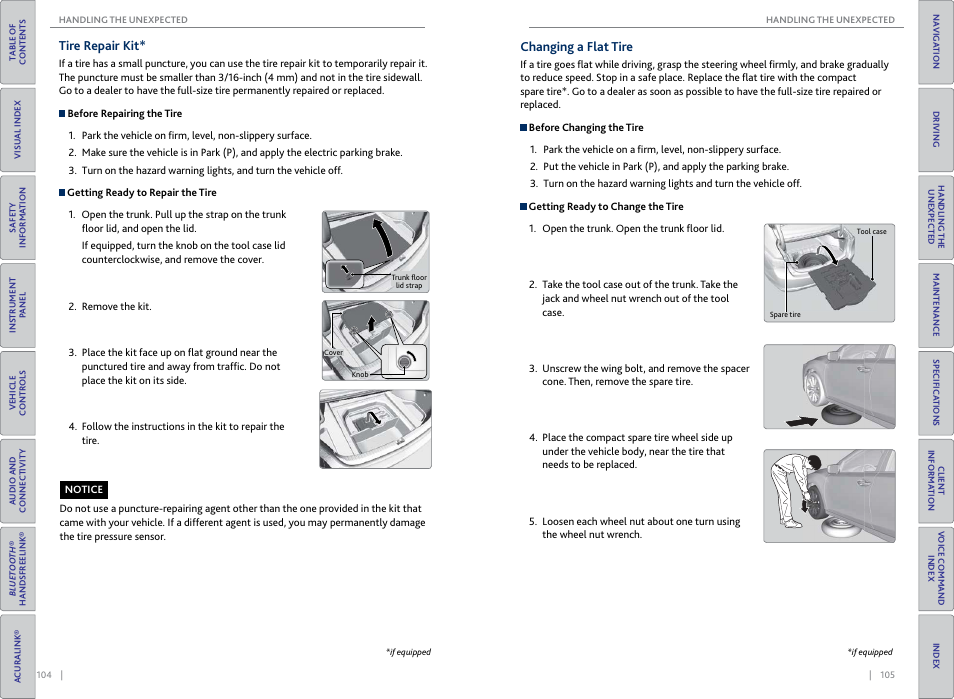 Tire repair kit, Changing a flat tire | Acura 2015 TLX - Owner's Guide (Without Software Update) Ver. ST02 User Manual | Page 56 / 75