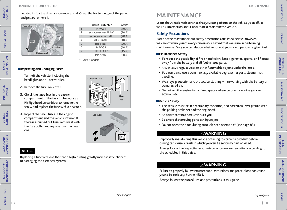 Maintenance, Safety precautions, Warning | Acura 2015 TLX - Owner's Guide (Without Software Update) Ver. ST02 User Manual | Page 59 / 75