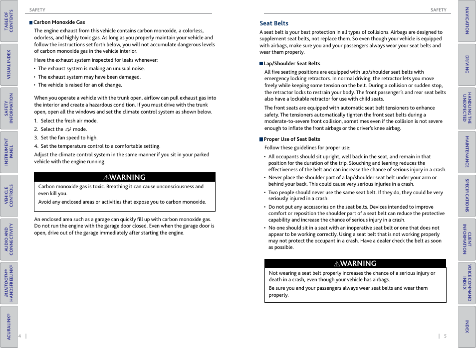 Seat belts, Warning | Acura 2015 TLX - Owner's Guide (Without Software Update) Ver. ST02 User Manual | Page 6 / 75