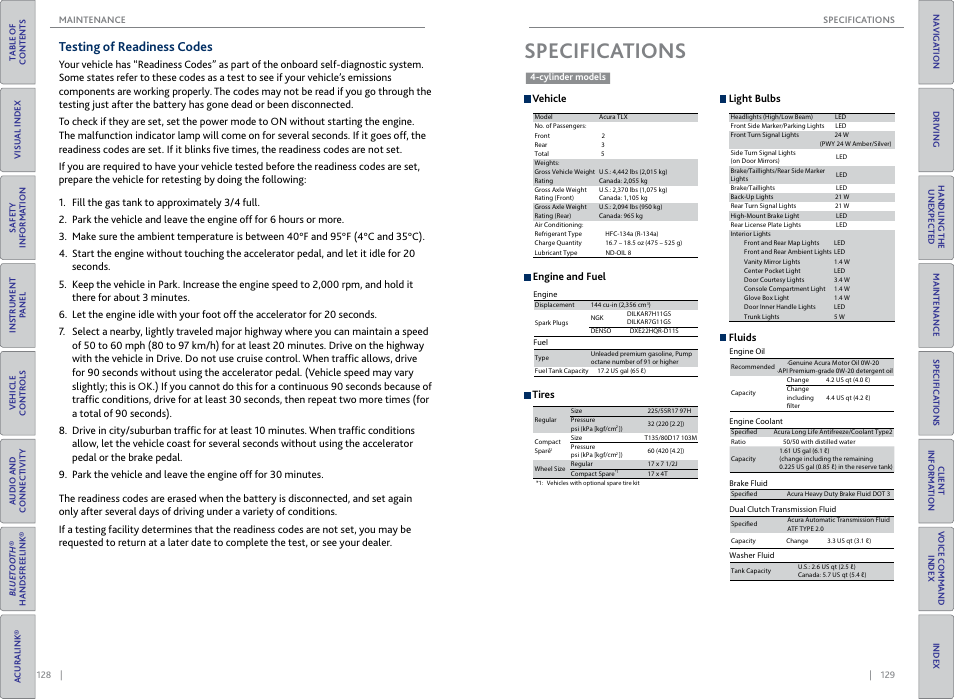 Specifica, Tions, Testing of readiness codes | Specifications, Tires | Acura 2015 TLX - Owner's Guide (Without Software Update) Ver. ST02 User Manual | Page 68 / 75