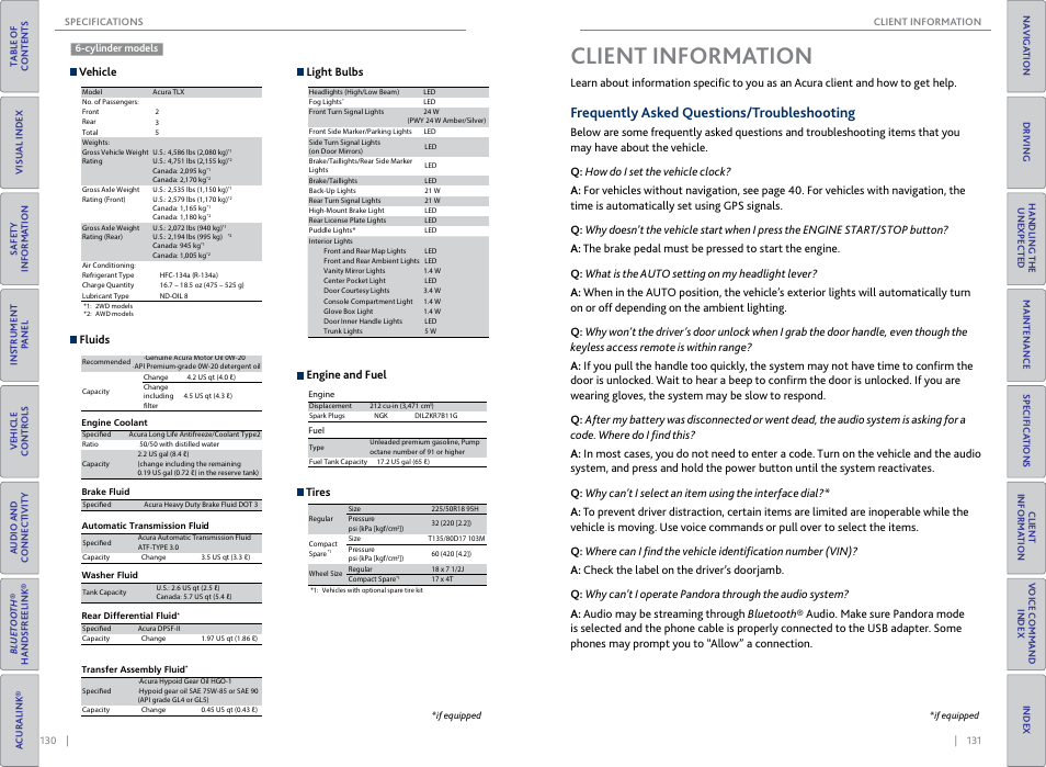 Client, Informa, Tion | Client information, Frequently asked questions/ troubleshooting, Frequently asked questions/troubleshooting, Vehicle engine and fuel light bulbs fluids tires | Acura 2015 TLX - Owner's Guide (Without Software Update) Ver. ST02 User Manual | Page 69 / 75
