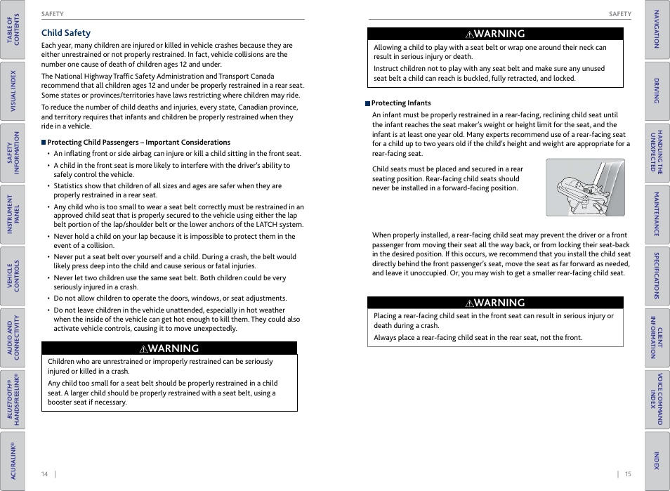 Child safety, Warning | Acura 2015 TLX - Owner's Guide (With Software Update) Ver. ST03 User Manual | Page 11 / 75
