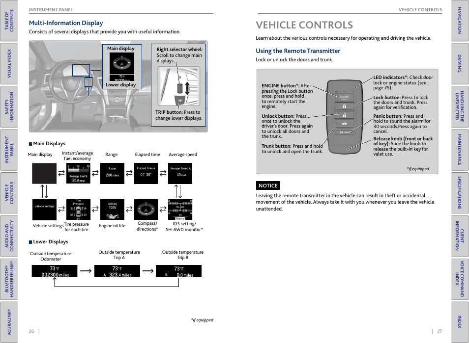 Vehicle, Contr, Multi-information display | Vehicle controls, Using the remote transmitter, P. 26, Trip button | Acura 2015 TLX - Owner's Guide (With Software Update) Ver. ST03 User Manual | Page 17 / 75