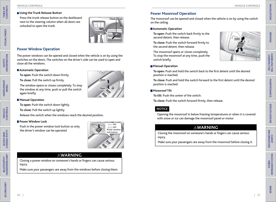 Power window operation power moonroof operation, Oof switch, P. 31 | P. 30, Warning | Acura 2015 TLX - Owner's Guide (With Software Update) Ver. ST03 User Manual | Page 19 / 75