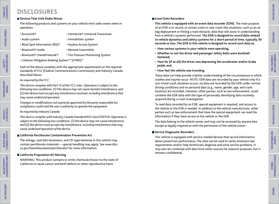Disclosures | Acura 2015 TLX - Owner's Guide (With Software Update) Ver. ST03 User Manual | Page 2 / 75