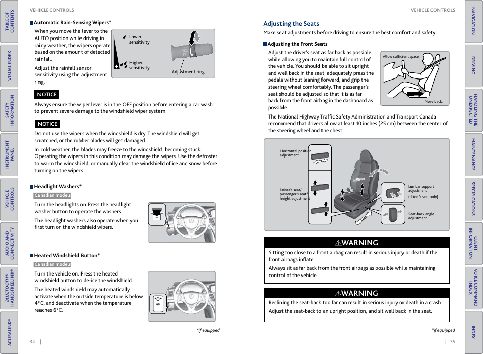 Adjusting the seats, Washer button, P. 34 | Warning | Acura 2015 TLX - Owner's Guide (With Software Update) Ver. ST03 User Manual | Page 21 / 75