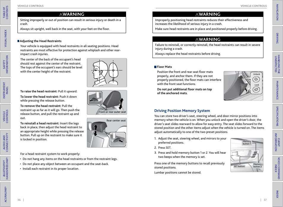Driving position memory system, P. 37, Warning | Acura 2015 TLX - Owner's Guide (With Software Update) Ver. ST03 User Manual | Page 22 / 75