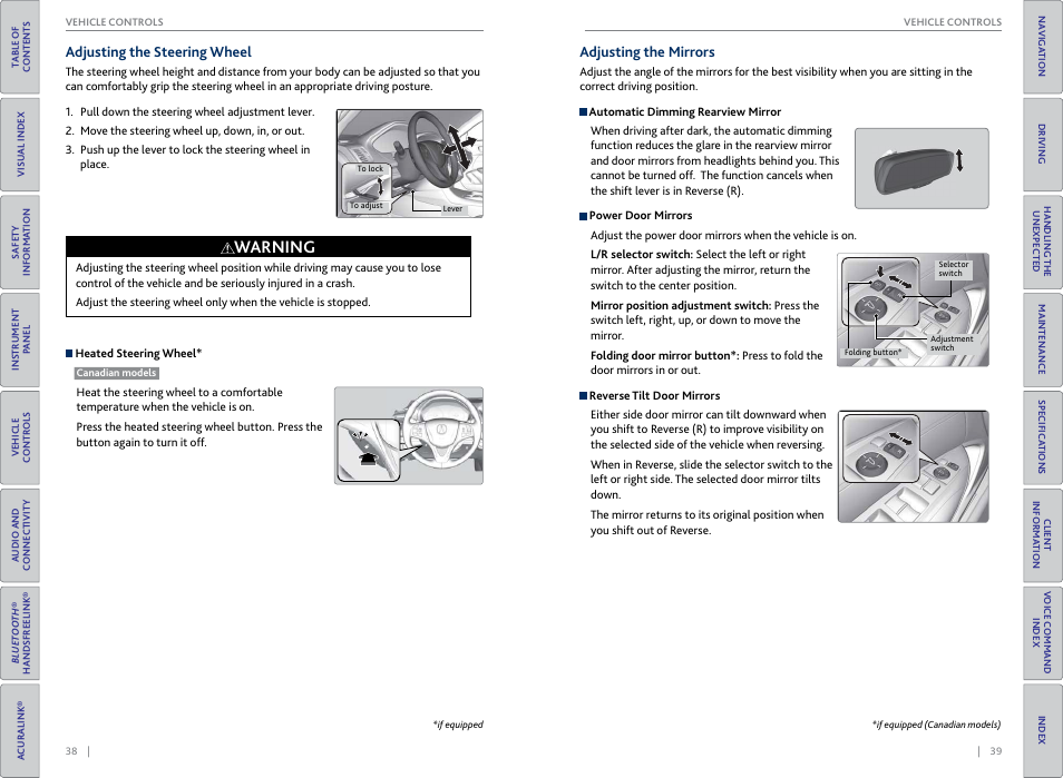 Adjusting the steering wheel adjusting the mirrors, Wheel, P. 38 | P. 39, Warning, Adjusting the steering wheel, Adjusting the mirrors | Acura 2015 TLX - Owner's Guide (With Software Update) Ver. ST03 User Manual | Page 23 / 75