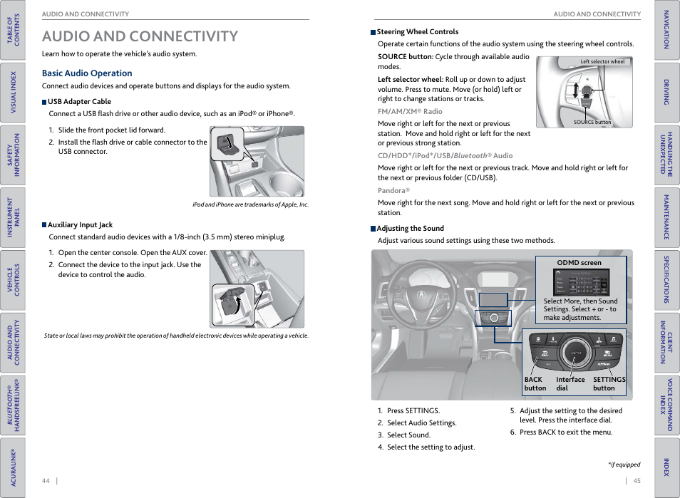 Audio and, Connectivity, Audio and connectivity | Basic audio operation, P. 45, P. 44 | Acura 2015 TLX - Owner's Guide (With Software Update) Ver. ST03 User Manual | Page 26 / 75