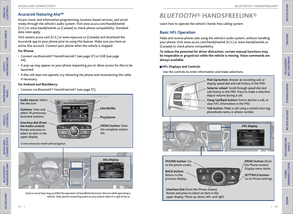 Handsfreelink, Acuralink featuring aha, Bluetooth ® handsfreelink | Basic hfl operation, Eelink® buttons, P. 55 | Acura 2015 TLX - Owner's Guide (With Software Update) Ver. ST03 User Manual | Page 31 / 75