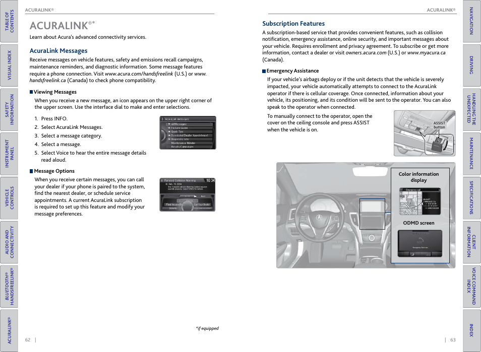 Curalink, Acuralink, Acuralink messages subscription features | Curalink®* buttons, P. 63, p. 64 | Acura 2015 TLX - Owner's Guide (With Software Update) Ver. ST03 User Manual | Page 35 / 75
