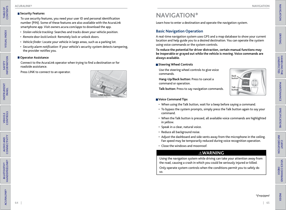 Na viga, Tion, Navigation | Basic navigation operation, Warning | Acura 2015 TLX - Owner's Guide (With Software Update) Ver. ST03 User Manual | Page 36 / 75