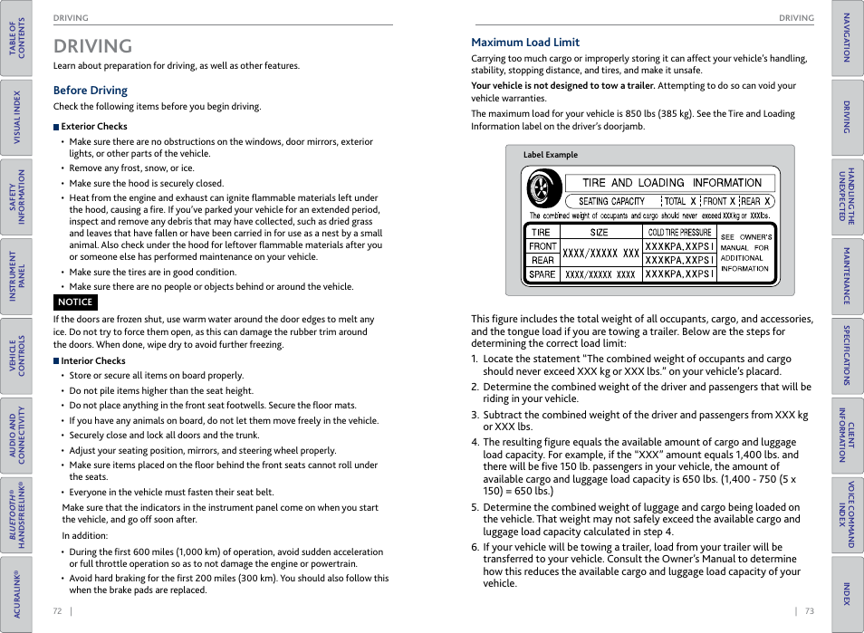 Driving, Before driving maximum load limit | Acura 2015 TLX - Owner's Guide (With Software Update) Ver. ST03 User Manual | Page 40 / 75