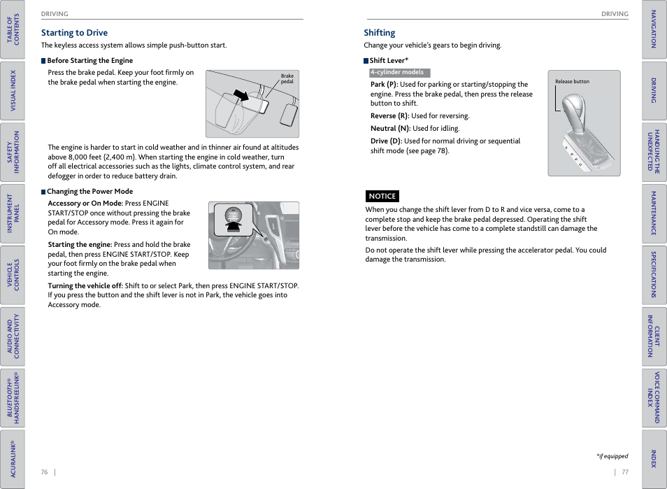 Starting to drive shifting, Op button, P. 76 | P. 77, Starting to drive, Shifting | Acura 2015 TLX - Owner's Guide (With Software Update) Ver. ST03 User Manual | Page 42 / 75
