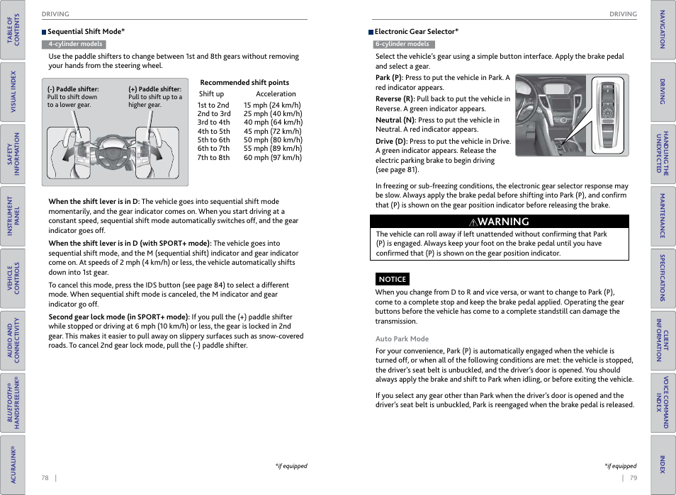 Addle shifters, P. 78, p. 80, Onic gear selector | P. 79, Warning | Acura 2015 TLX - Owner's Guide (With Software Update) Ver. ST03 User Manual | Page 43 / 75