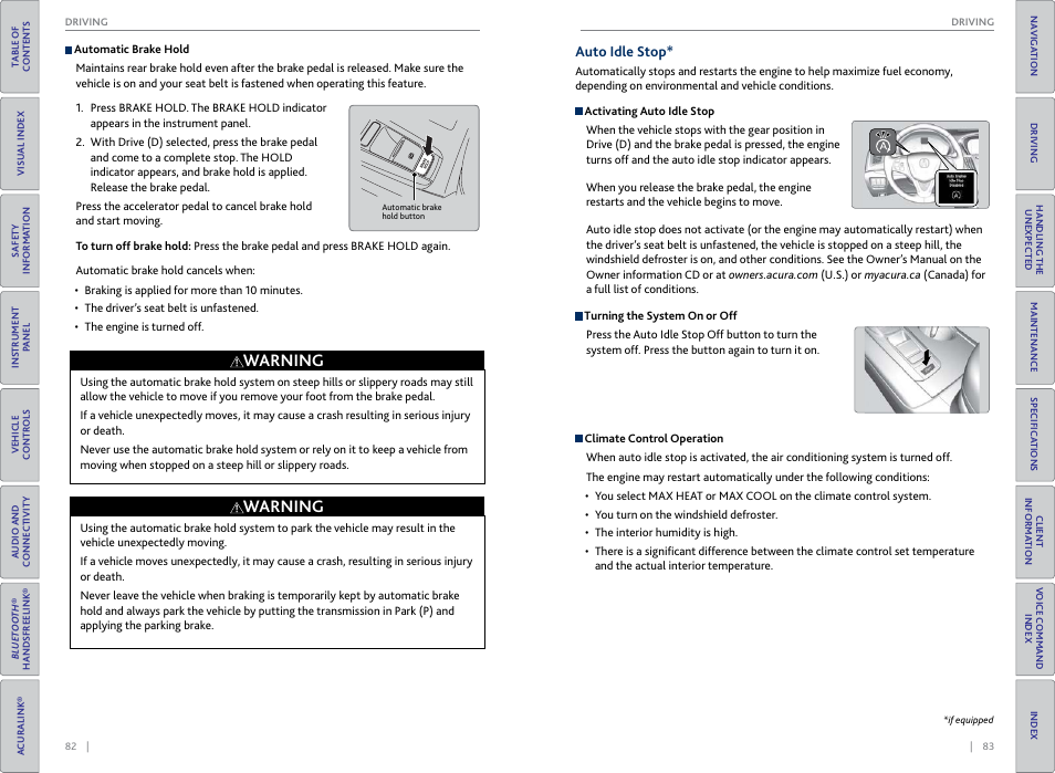 P. 82, Auto idle stop button, P. 83 | Warning | Acura 2015 TLX - Owner's Guide (With Software Update) Ver. ST03 User Manual | Page 45 / 75